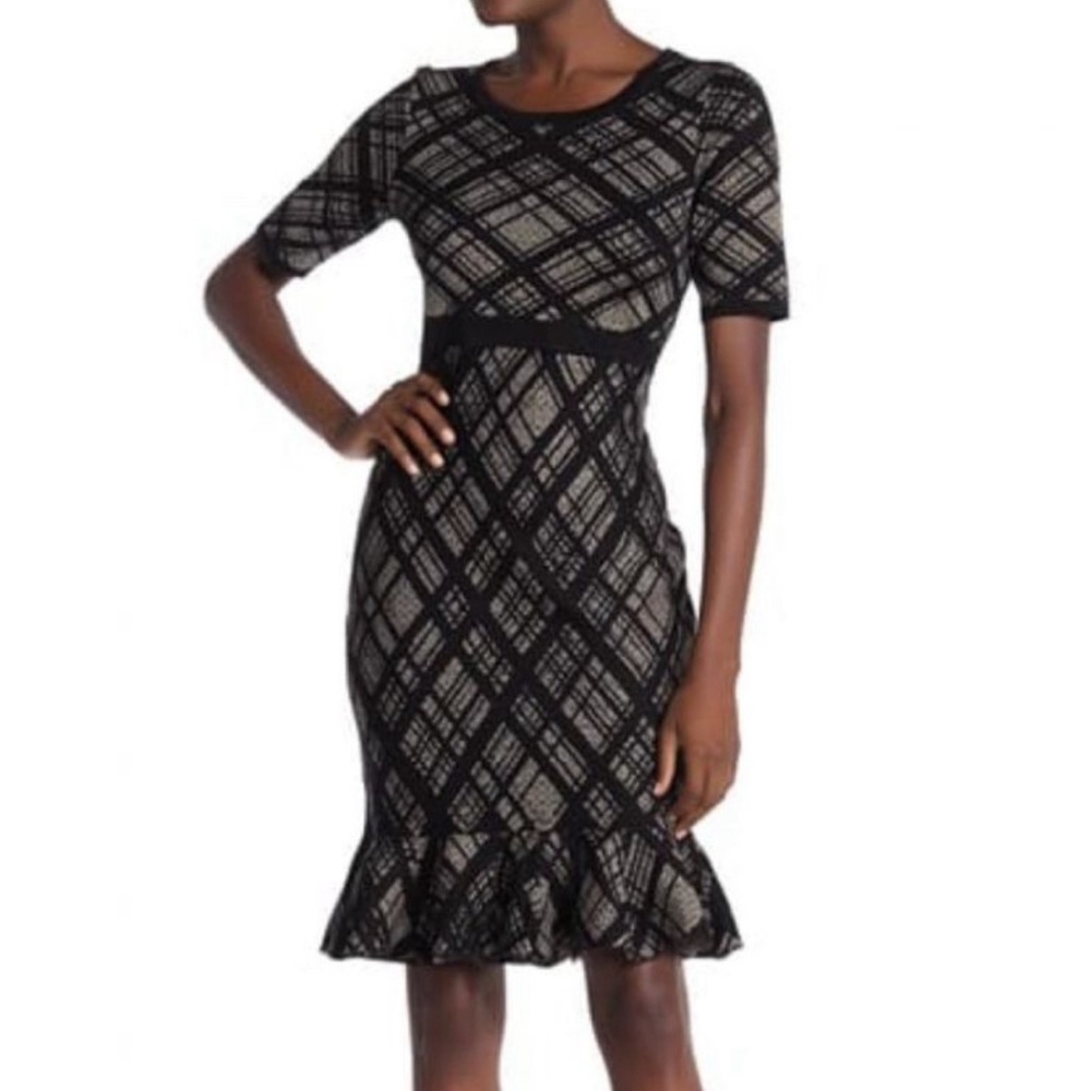 Nina Leonard Black Plaid Ruffle Hem Sweater Dress in Mink/Black